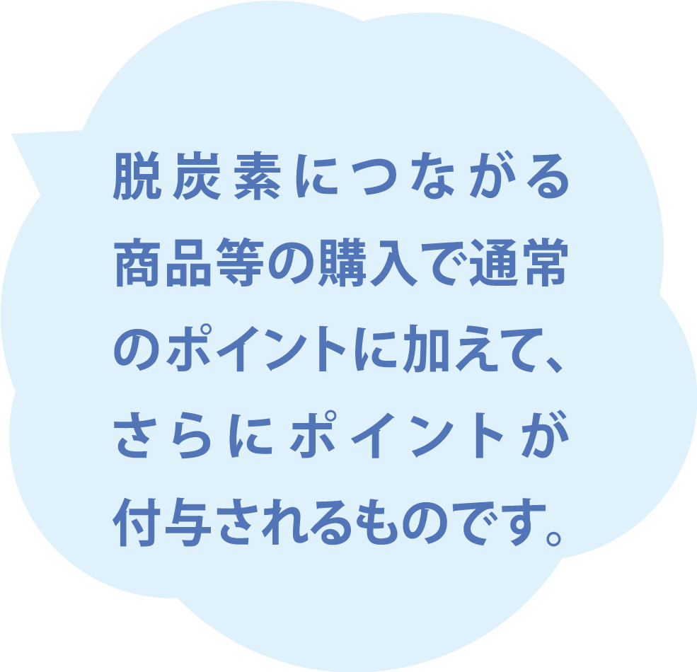 脱炭素につながる商品等の購入で通常のポイントに加えて、さらにポイントが付与されるものです。